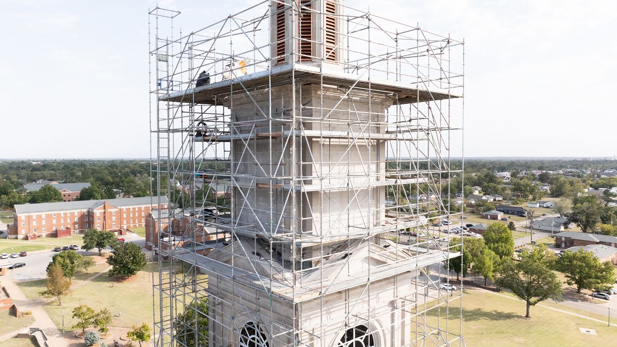 Scaffolding around the spire of Raley Chapel